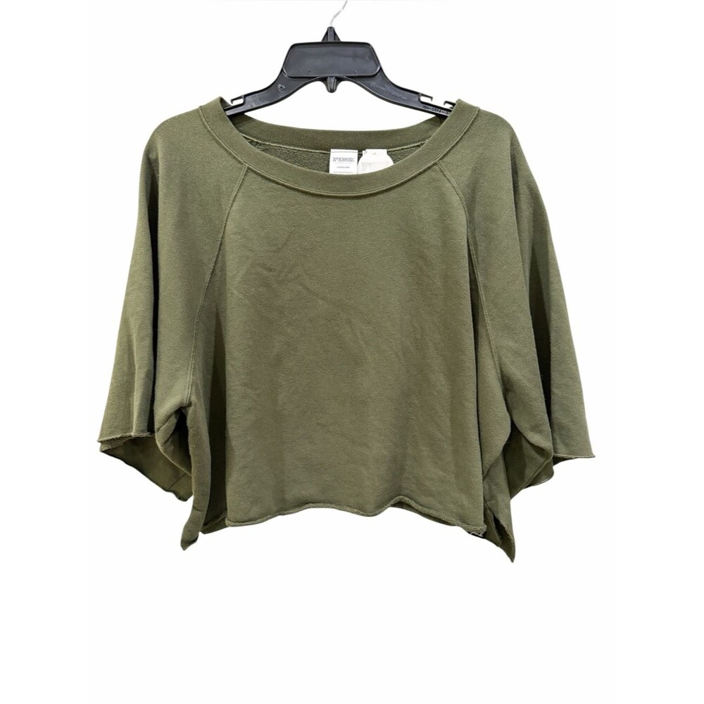PINK Reversible Terry Cropped Crewneck Sweatshirt Raw Hem Olive Green Large NEW